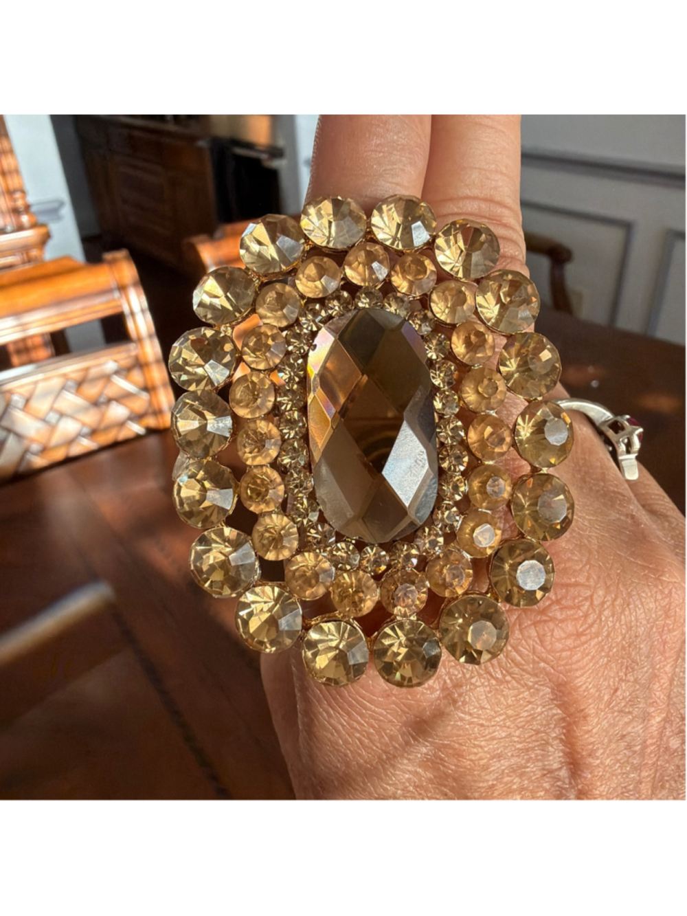 Vintage Topaz Rhinestone Statement Cocktail Ring Stretchy Adjustable Band
